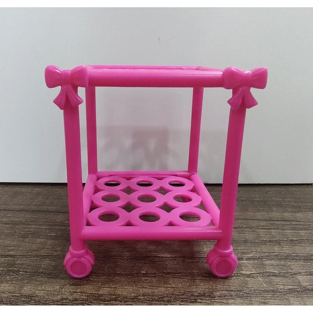 Fashion Doll House Furniture Bedside Side Table On Wheels Hop Pink Bow Detail